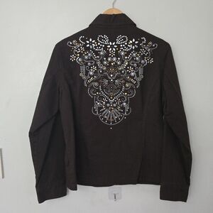 CHICOS PLATINUM Denim Jacket Brown Rhinestones Bedazzled Country Rock Sz  L